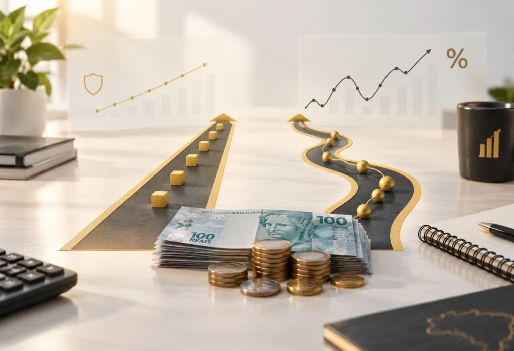 Investimento prefixado e pós-fixado representados por dois caminhos diferentes de rentabilidade