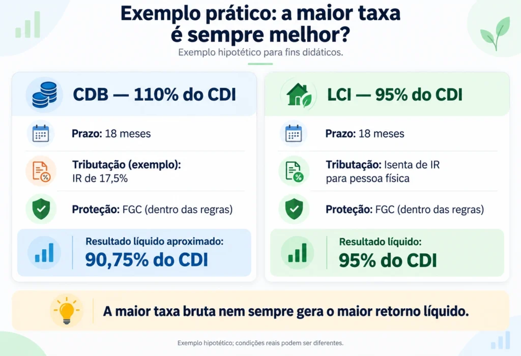 Exemplo comparando CDB de 110% do CDI com LCI de 95% do CDI após Imposto de Renda