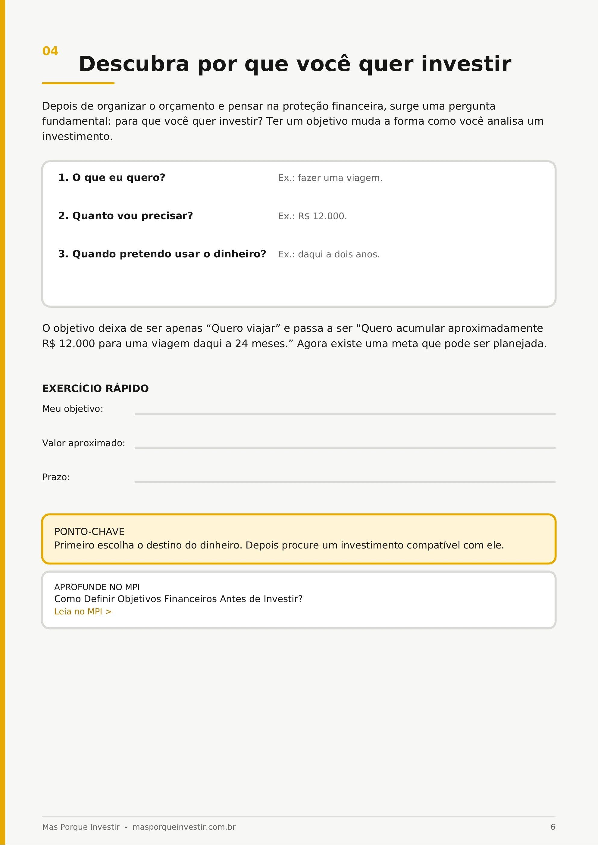 Exercício do e-book para definir objetivo, valor e prazo