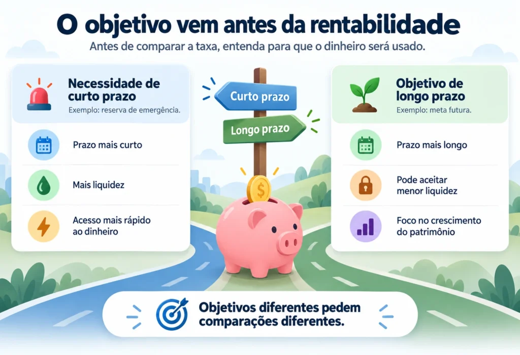 Comparação entre objetivo, prazo e liquidez antes de escolher um investimento de renda fixa