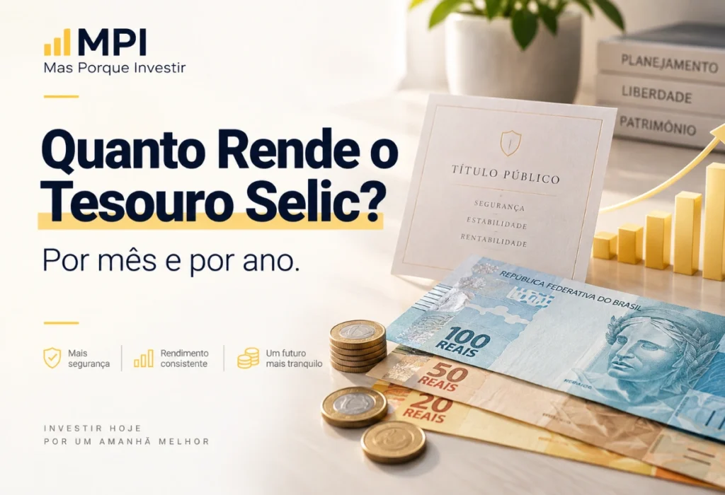 Capa do artigo sobre quanto rende o Tesouro Selic por mês e por ano, com notas de real, moedas, gráfico de crescimento e elemento visual de título público.