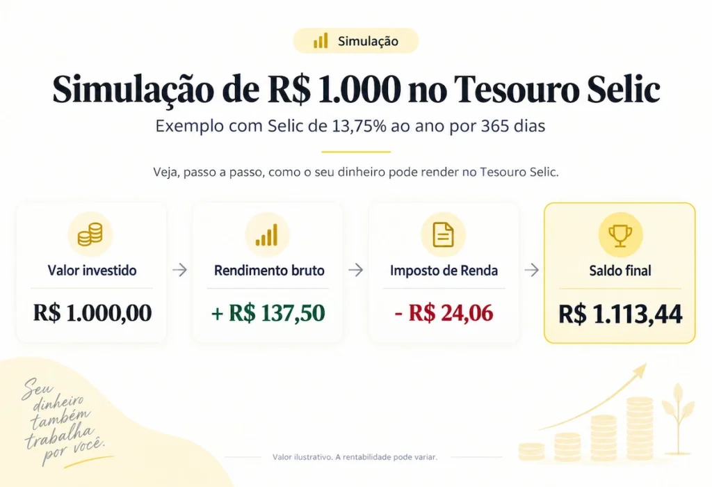 Simulação de R$ 1.000 no Tesouro Selic com rendimento bruto, imposto de renda e saldo final após 365 dias
