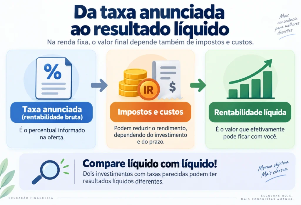 Comparação entre rentabilidade bruta e rentabilidade líquida em investimentos de renda fixa