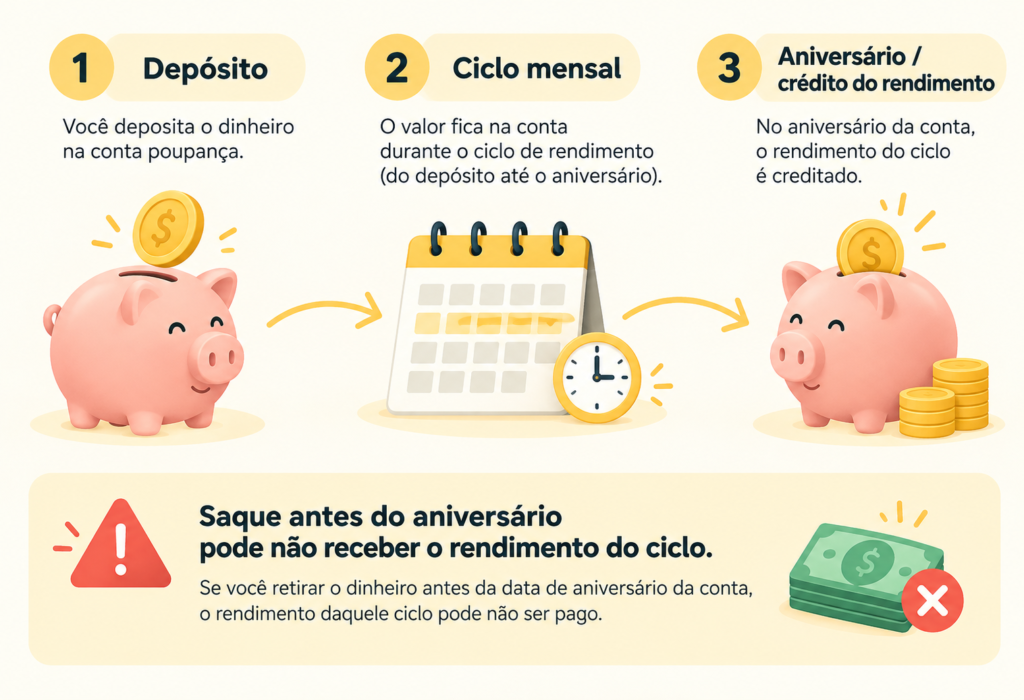 Infográfico mostrando o ciclo mensal da poupança, da data do depósito até o aniversário e o crédito do rendimento