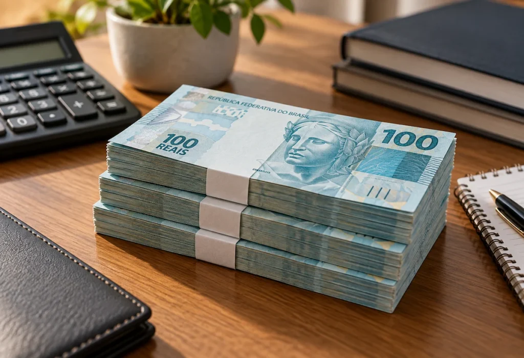 Notas de R$ 100 representando um investimento de R$ 100 mil e seus possíveis rendimentos mensais e anuais.