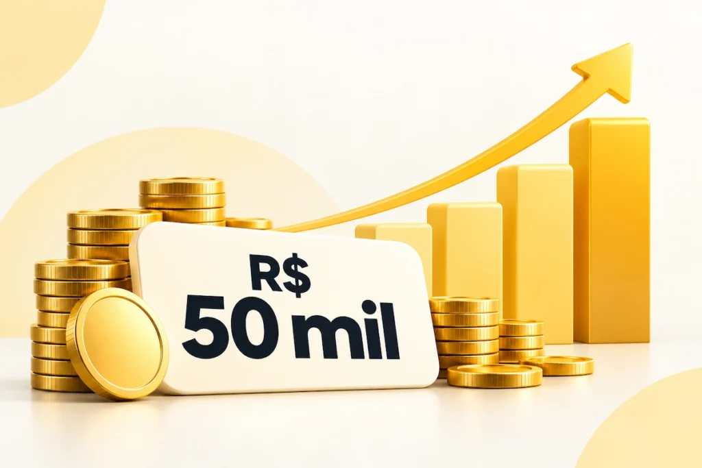 R$ 50 mil com moedas, gráfico de crescimento e seta indicando rendimento