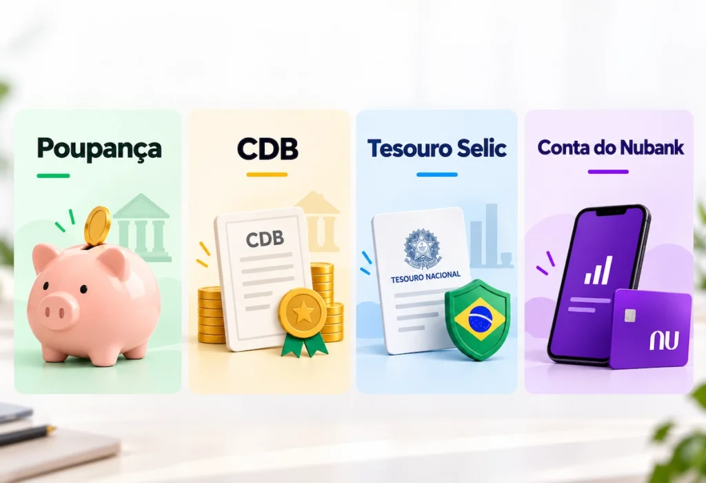Ilustração comparando poupança, CDB, Tesouro Selic e Conta do Nubank como alternativas para aplicar R$ 500 mil.