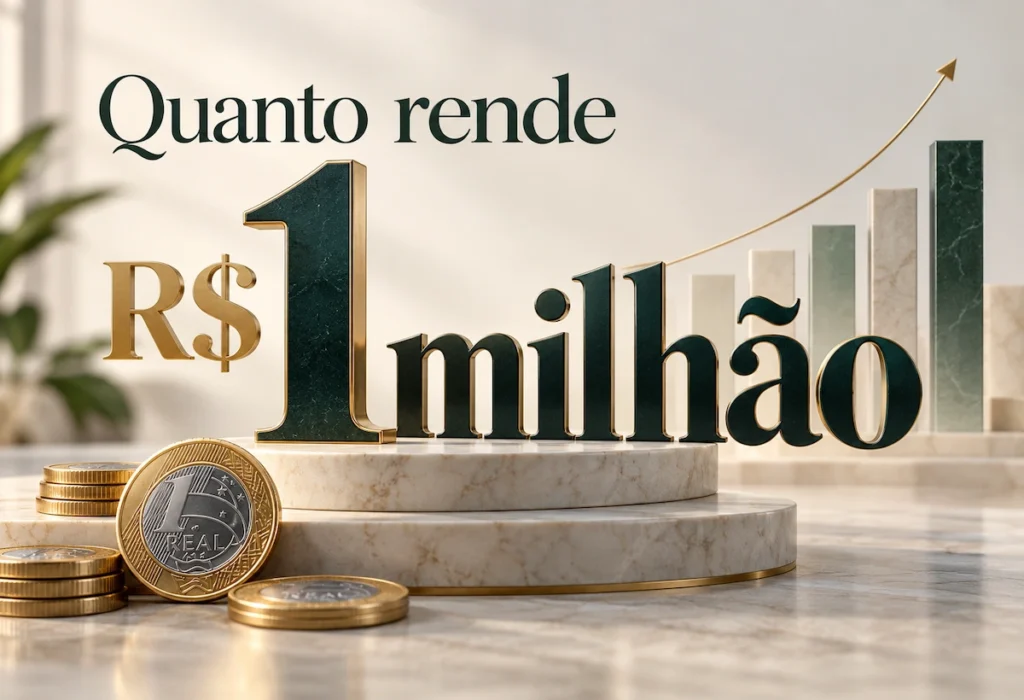 Quanto rende 1 milhão: representação de R$ 1 milhão com moedas de real e gráfico de crescimento dos investimentos.