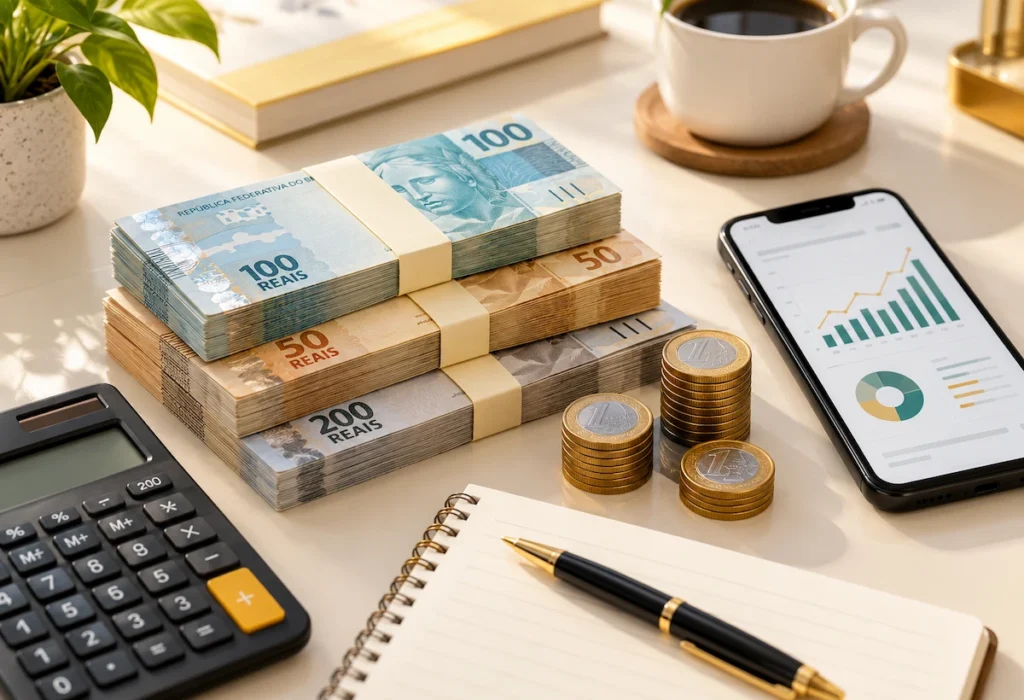 Notas de reais, moedas e calculadora representando quanto rendem R$ 500 mil por mês e por ano em investimentos.