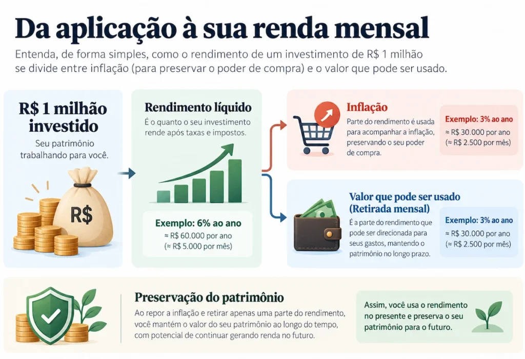 Infográfico sobre R$ 1 milhão investido, mostrando a relação entre rendimento líquido, inflação, retirada mensal e preservação do patrimônio.